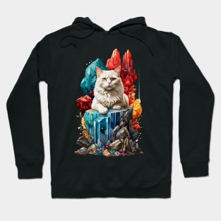 White Cat sitting on Gems Crystal Cluster Hoodie